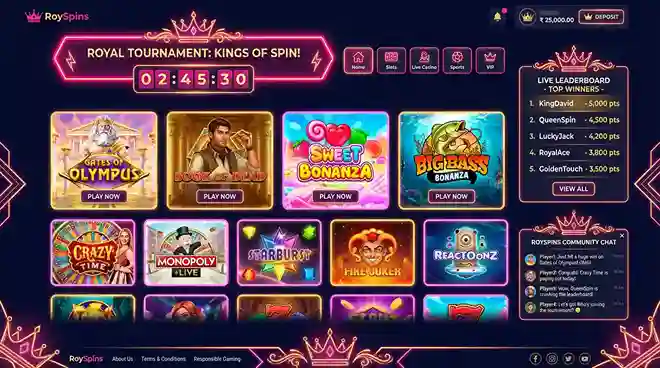 Royspins casino lobby showing active tournament banner, live leaderboard sidebar and game grid with 3800+ titles